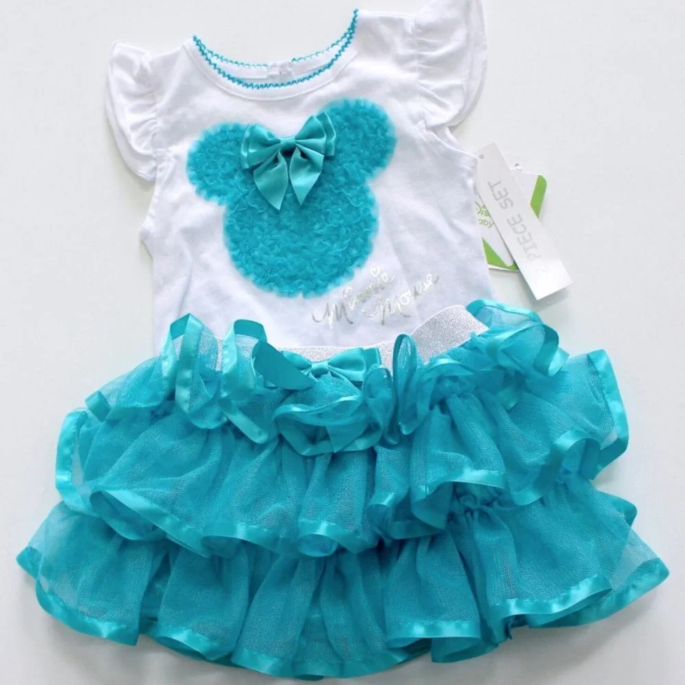 Disney Baby Minnie Mouse White Top and Blue Ruffle Mesh Skirt Size 6 Months